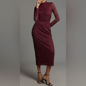 By Anthropologie Mocked-Neck Lace Burgundy Dress-Large